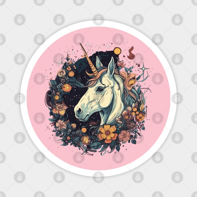 Unicorn surrounded by flowers Magnet by WarFX Designs